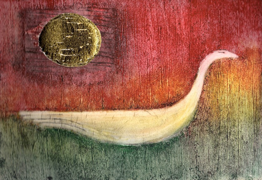 Collagraph print with gold leaf and colour experiment