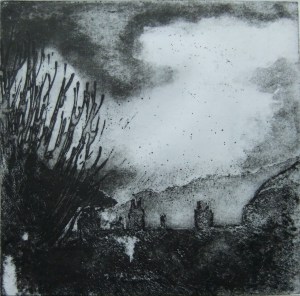 A spit bite and sugar lift etching trying to catch the setting sun through the clouds.